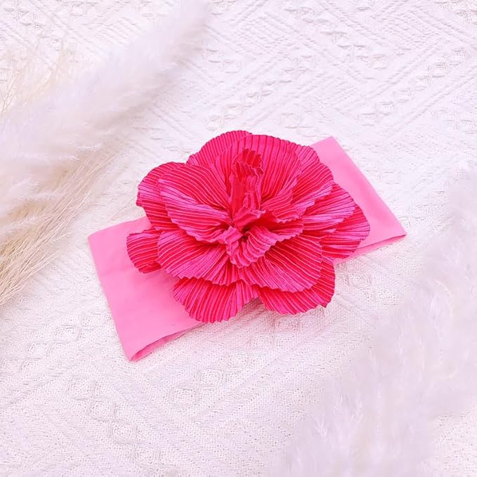 Large Flower Elastic headband for Baby Girl Infant Soft Fabric Chiffon Floral Hairband Toddler Newborn Christening Baptism Hair Accessories (Flower 1 - Rose Pink, Elastic)