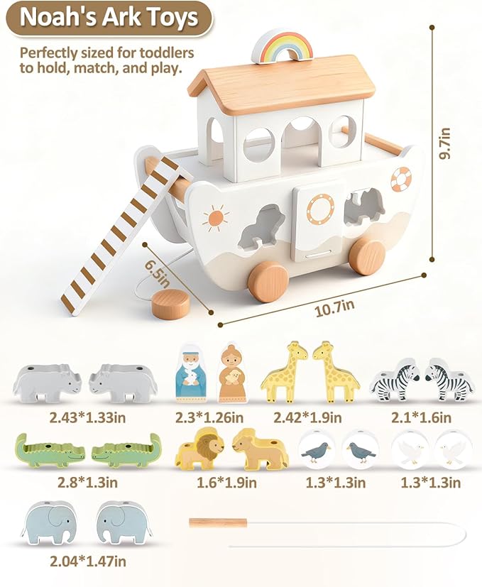 Wooden Noah’s Ark Toy for Toddlers 1-3, Baptism Christening Gifts for Boys Girls, Christian Toy Animal Shape Sorter, Baby Birthday