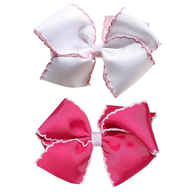 5 Inch Grosgrain Ribbon Bow Hair Clip for Baby Girls, Alligator Clips Hair Barrettes, Moonstitch Edge Hair Bows for Toddlers (White + Hot Pink)