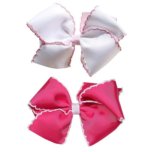5 Inch Grosgrain Ribbon Bow Hair Clip for Baby Girls, Alligator Clips Hair Barrettes, Moonstitch Edge Hair Bows for Toddlers (White + Hot Pink)