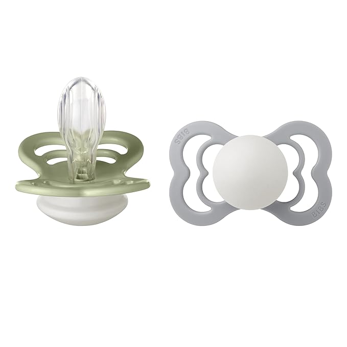 BIBS Supreme Baby Pacifier 2-Pack | Made in Denmark | BPA Free Dummy Soother, Symmetrical Nipple. Silicone, Size 2 (6-18 Months), Sage Glow/Cloud Glow