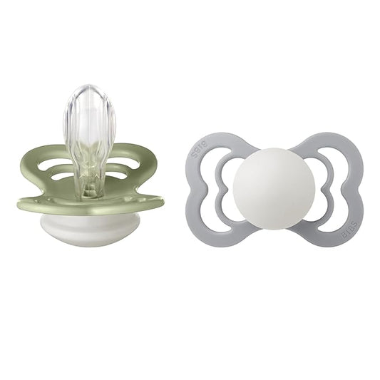 BIBS Supreme Baby Pacifier 2-Pack | Made in Denmark | BPA Free Dummy Soother, Symmetrical Nipple. Silicone, Size 2 (6-18 Months), Sage Glow/Cloud Glow