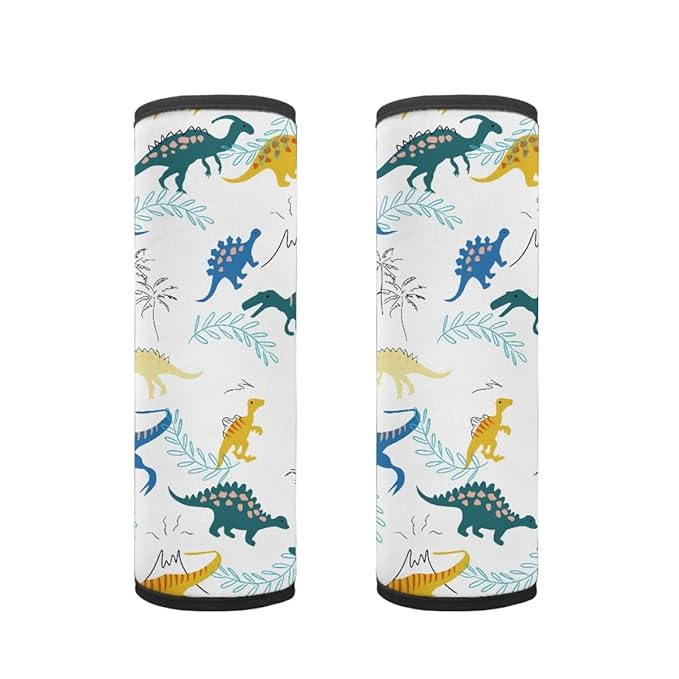 ENLACHIC Baby Car Seat Belt Cover, Cute Dinosaur Print Car Seat Shoulder Strap Pads, Infant Car Seat Cushion Safety Seatbelt Protector for Kids Boys Girls,Dinosaur Leaf