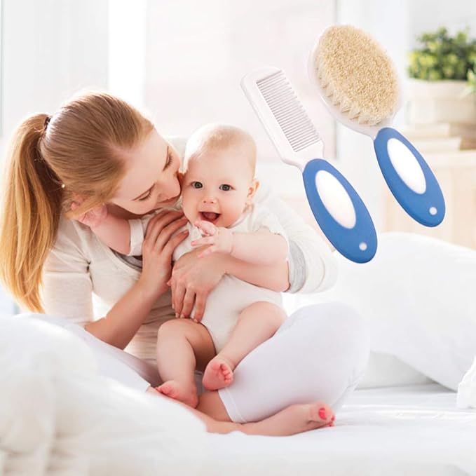 Baby Hair Brush and Comb Set for Newborns & Toddlers | Natural Soft Goat Bristles | Ideal for Cradle Cap | Perfect Baby Registry Gift (Blue)
