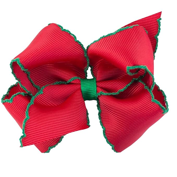 Wee Ones Girls' Classic Grosgrain Moonstitch Edge Hair Bow, No-Slip Hair Clip, Handmade, Red with Green, Small