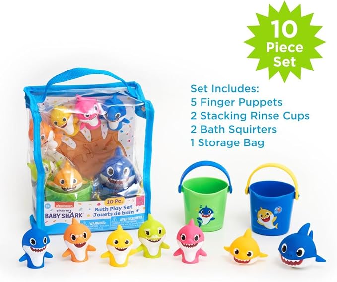 Nickelodeon Pink Fong Baby Shark Bath Toys Set for Children's Tub Time - Cups, Finger Puppets, and Bath Squirters, Blue/Green, 10 Pieces