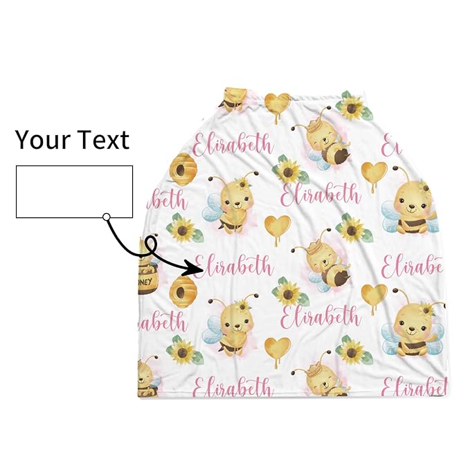 Personalized Baby Car Seat Cover Stroller Canopy: Custom Name Newborn Baby Boy Girl Elastic Bee Nursing Cover for Moms First Birthday Gift(one Size)