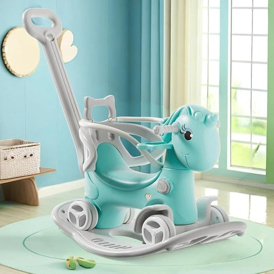 Rocking Horse for Toddlers 1-3 Years,4 in 1 Design, Kids Ride on Toy Balance Bike Push Cart with Detachable Balance Board,Fun Birthday Gifts-Blue