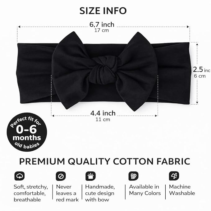 Baby Girl Headbands 0–6 Months – Newborn Infant Soft Cotton Handmade Bow Headband, Stretchy No Mark Baby Hair Accessories (Black, 0-6 Month)