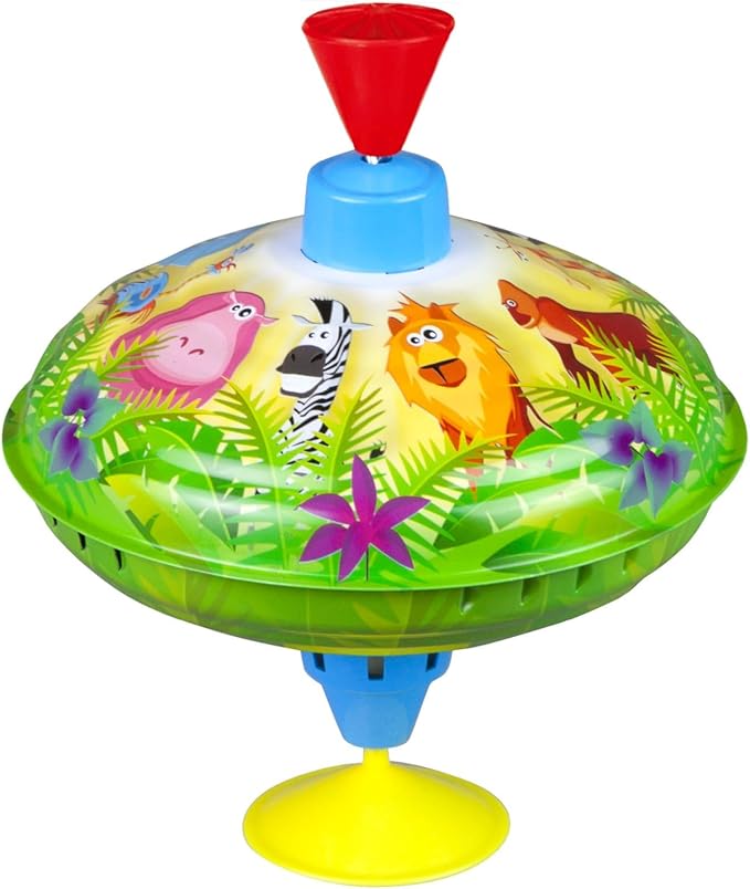 Lena 52263 tin Toys Humming Jungle Ø 16 cm, Spinning, Classical Pump Action, Metal Animal Motif, top with Stand, for Children from 18 Months