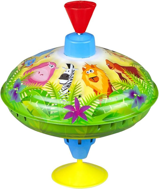 Lena 52263 tin Toys Humming Jungle Ø 16 cm, Spinning, Classical Pump Action, Metal Animal Motif, top with Stand, for Children from 18 Months