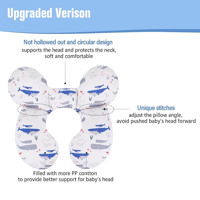 KAKIBLIN Baby Travel Pillow,Upgraded Baby Neck Pillows for Car Seat,Support Pillow,Infant Pillows for Head and Neck,Newborn Head Support for Car Seat,Stroller, Pushchair (Whale)