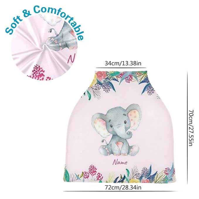 Personalized Multiuse Baby Car Seat Covers and Nursing Cover - Customized Cute Elephant Stroller Canopy with Name, Privacy Breastfeeding Cover Gifts for New Mom Girls Babies