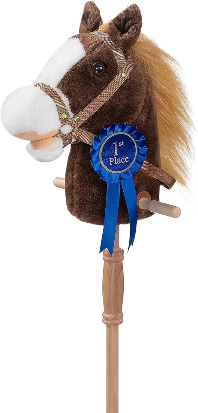 HollyHOME Stick Horse Plush with Detachable Blue Ribbon Champion Hobby Horse on Stick with Wood Wheels Real Pony Neighing for Kids Toddlers Chocolate 36 Inches(AA Batteries Required)
