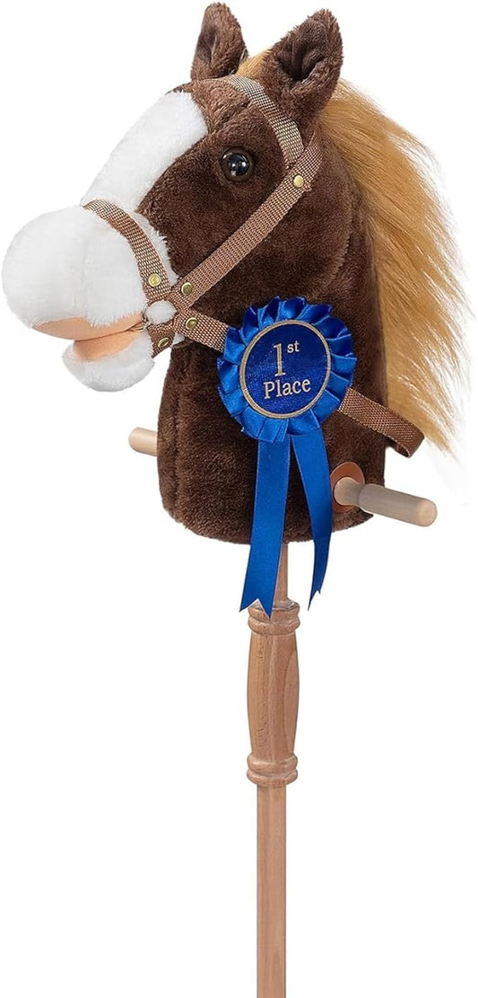 HollyHOME Stick Horse Plush with Detachable Blue Ribbon Champion Hobby Horse on Stick with Wood Wheels Real Pony Neighing for Kids Toddlers Chocolate 36 Inches(AA Batteries Required)