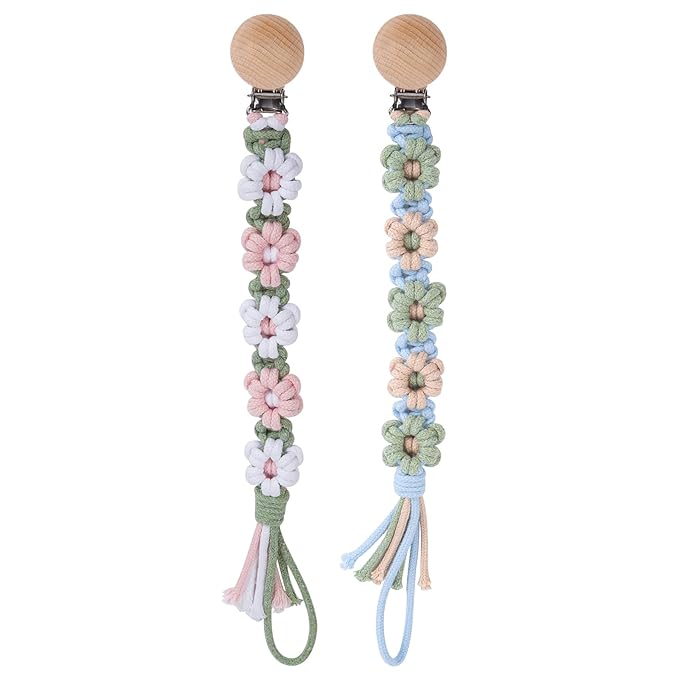 Pacifier Clip for Boys Girls Floral Daisy Macrame Baby Paci Clip Pacifier Holder Leash Boho Wooden Clips Handmade Braided Cotton Binky Clips (2pack:Misty Rose & Green Daisy)
