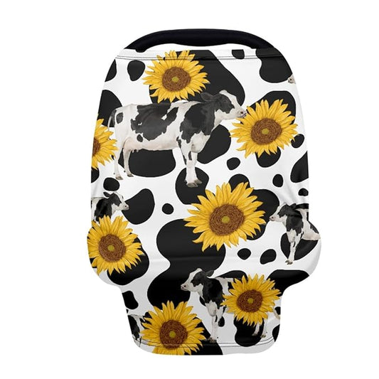 KIDVOVOU Baby Car Seat Cover Cow Sunflwers Print Elastic Shopping Cart Cover High Chair Cover Protector Breastfeeding Shawl