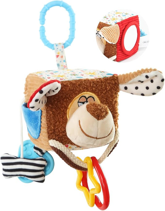 Hanging Baby Toy Cube for Car Seat, Infant Sensory Toys 0-6-12 Month, Montessori Plush Toys for Plane Travel Game Activity with Crinkle, Squeaky, Textures, Mirror Nowborn Baby Boy Girl Gifts