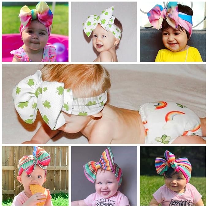 Baby Girl's 8'' St. Patrick's Day Bow Headbands Soft Big Bow knot Nylon Headband Toddler Hairband for Photography Travel Party Festivals 2Pcs (2- Green Clover)