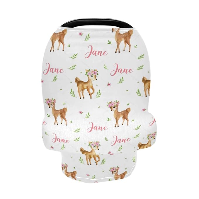 Personalized Little Fawns Baby Car Seat Covers with Name, Custom Multiuse Nursing Breastfeeding Car seat Canopy, Infant Stroller Covers for Newborn Girl Boy, Ultra-Soft Breathable, Nursing Scarf