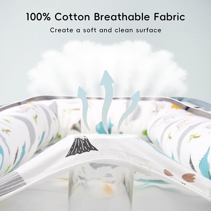 Portable Baby Lounger, Soft Baby Nest Cover Breathable Cotton Fabric, Adjustable Infant Lounger for Baby, Adjustable Size and Strong Zipper, Extended Space for Newborn 0-24 Months, Dinosaur