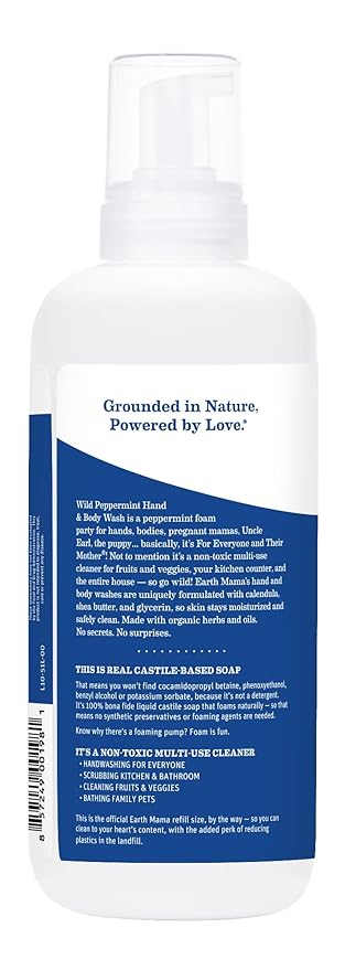Earth Mama Wild Peppermint Hand & Body Wash | Foaming Castile Soap Liquid and Hand Soap, Made with Organic Wild Mint & Peppermint Oil, 34 fl oz
