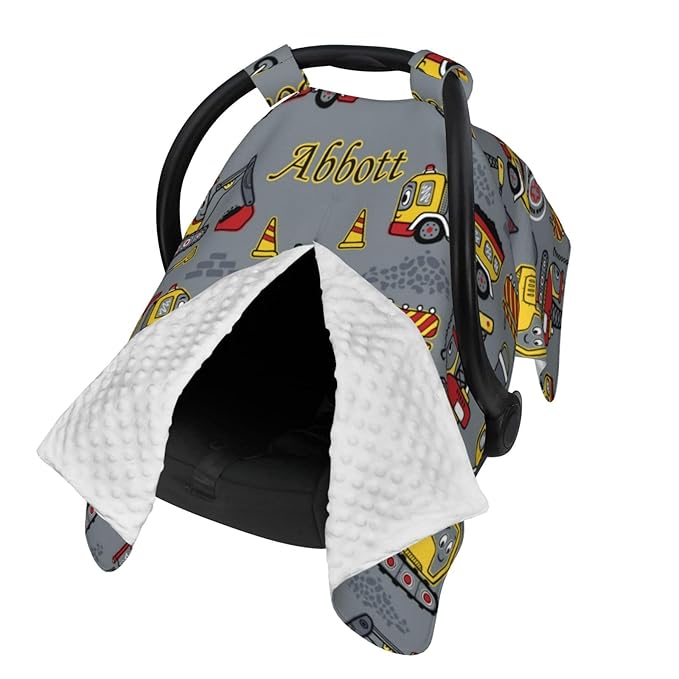 Personalized Baby Car Seat Canopy for Babies with Name, Custom Construction Stroller Car Seat Covers for Boys Girls, Nursing Carseat Cover for Breastfeeding, Car Seat Canopies for Infant Newborn