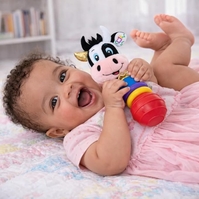 Balibazoo Clara The Cow Baby Rattle – Soft Plush Infant Stick Rattle Toy with Easy-Grip Handle, Golden Bell & Movable Hoops | Developmental Toy for Babies 0-18M