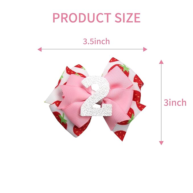 Birthday Hair Bow for Baby Girls - 2Pcs Pink Strawberry Hair Clips for 2nd Birthday Baby Bow Party Decorations for Girls Toddlers Hair Accessories