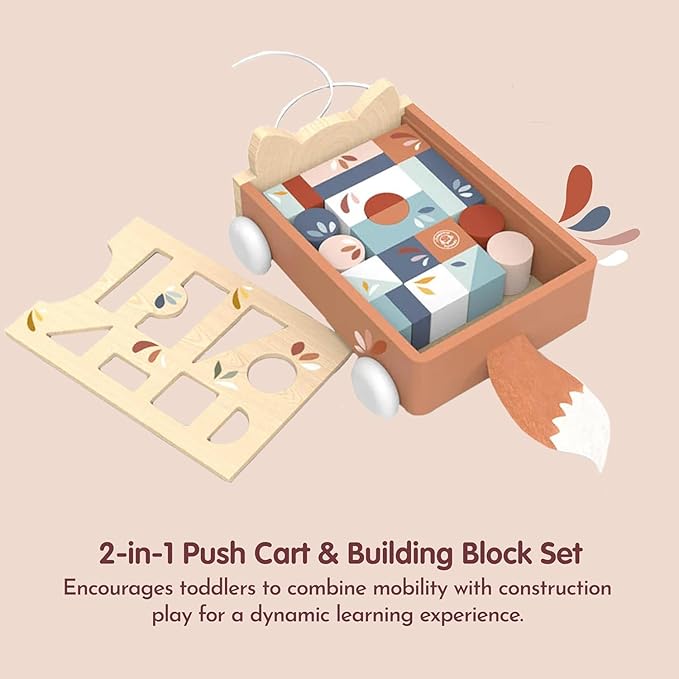Speedy Monkey Fox Blocks Cart for Toddlers 12m+ | Wooden Block Wagon Pull Toy with 24 Multicolor Blocks | Educational Shape Sorting & Building Toy for Kids | Early Learning Play for Boys & Girls