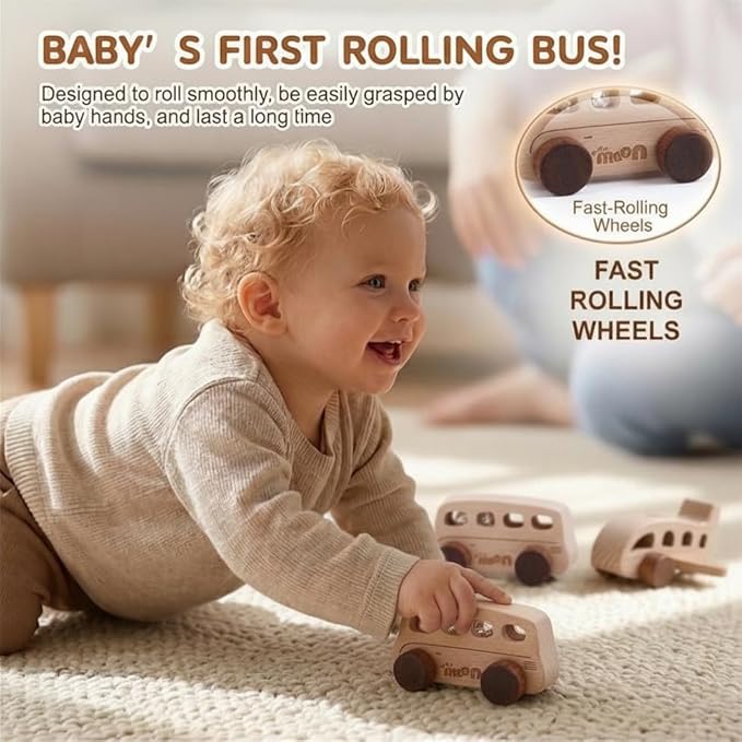 Wooden Toys for 1 Year Old – Montessori Baby Toy Set with Bus, Airplane & Boat – Minimalist Nursery Decor & Teething Safe Infant Toys for Boys and Girls – 3 Piece Ergo-Fit Set