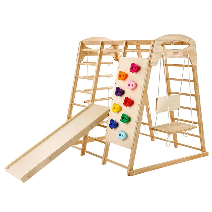 VEVOR Indoor Jungle Gym, 7-in-1 Toddler Indoor Playground, 47.2 x 58 x 56 inch, with Wood and Rope Ladder, Net Ladder, Swing, Monkey Bar, Slide, Climbing Wall, Wooden Indoor Climbing Toys for Kids