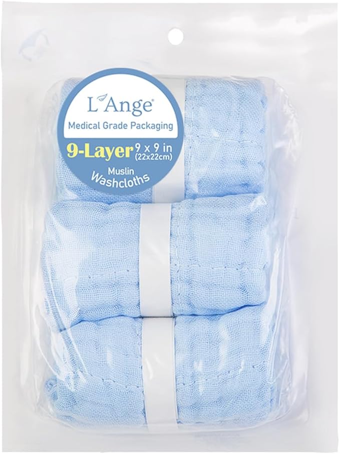 L'Ange Baby Washcloths and Burp Cloths Set - 3 Pack of 9 Layer 100% Cotton Muslin for Sensitive Skin - Super Absorbent - Medical Grade Packaging for Infants Newborns and Toddlers- 9x9 - Blue