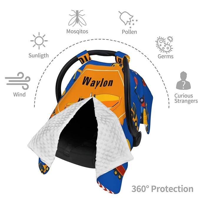 Personalised Baby Car Seat Cover with Name, Customized Engineering Vehicle Baby Carseat Canopy for Boys, Multi-use Nursing Breastfeeding Covers for Infant Newborn, Shower Gifts for Babies