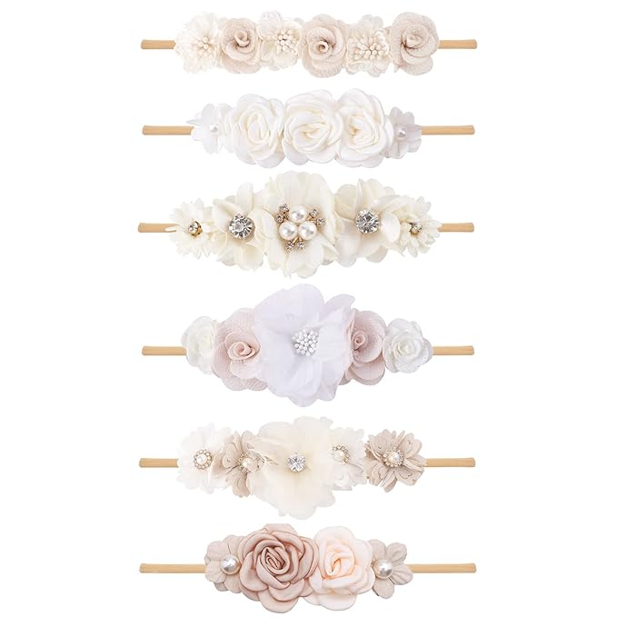 OOSAKU Baby Girl Flower Headbands Set Elastic Floral Headbands 6pcs Soft Nylon Hair Band for Newborn Toddler Hair Accessories