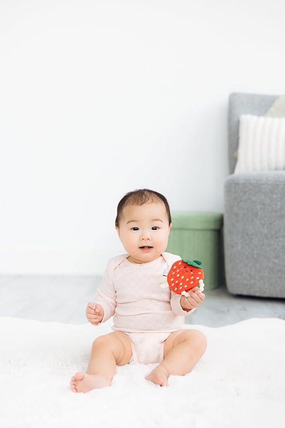 Pearhead Strawberry Baby Teether – Soft Plush Sensory Toy with BPA-Free Silicone Beaded Ring & Crinkle Sound, Soothes Teething Pain, Newborn Essentials for Boys and Girls, 0+ Months