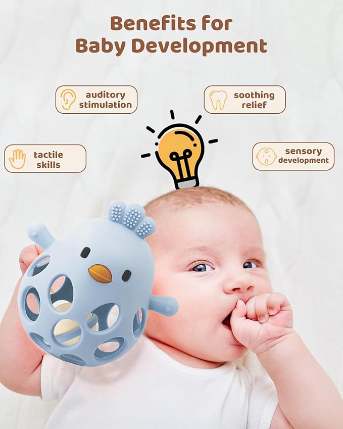 ChooKaChoo 2-in-1 Baby Teething Rattle Toy, Sensory Grasping Teether for Infants 3-12 Months, 100% Food-Grade Silicone, Easy to Hold, Soothing & Developmental, BPA Free