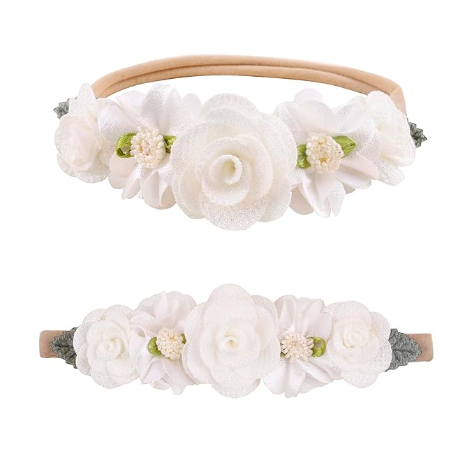 Baby Girl Flower Headbands and Bows, Stretchy Soft Nylon Floral Crown, 3pcs Handmade Hair Accessories for Newborn Infant Toddler