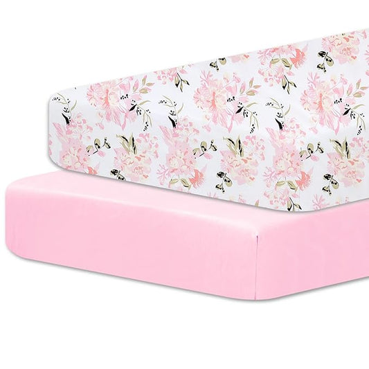 Little Grape Land Pack and Play Sheets Mini Crib Sheets Soft Breathable Pack N Play Sheets, Playard Fitted Sheet 2 Pack Stretchy Fits 38"x26" Playard Mattress, Pink Floral