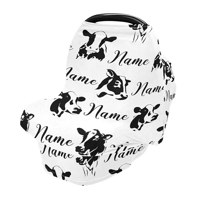 Personalized Name Baby Car Seat Cover for Boys, Customized Cow Printed Stroller Canopy, Multiuse Nursing Covers, Farm Theme Infant Carrier Cover, Breastfeeding Scarf, Gift for Newborn Boy Girl