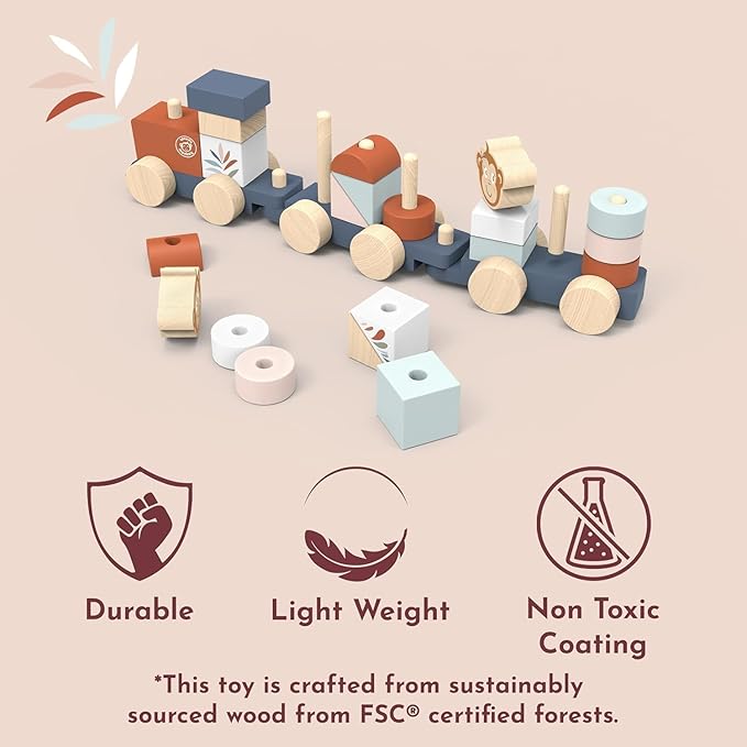 Speedy Monkey Wooden Pull-Along Train Stacker – Soft Colors, Monkey Character, Stacking Blocks, Build Houses | Non-Toxic Paint, Creative Fun, Ideal for Kids, Educational Toy for Toddlers