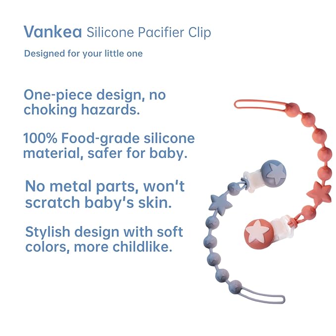 Silicone Baby Pacifier Clips for Boys and Girls, Pack of 2 Flexible Rust-Free Pacifier Holder Clip with One-Piece Design, Paci Binky Clips (Terracotta+Azure)