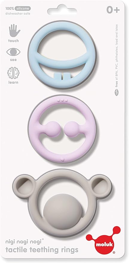 Moluk 43401 Nigi, Nagi & Nogi, Innovative Gripping and Teething Toy, Educational Toy, Pastel Colours, Baby Toy from 0+ Months, Light Blue, Pink, Light Grey