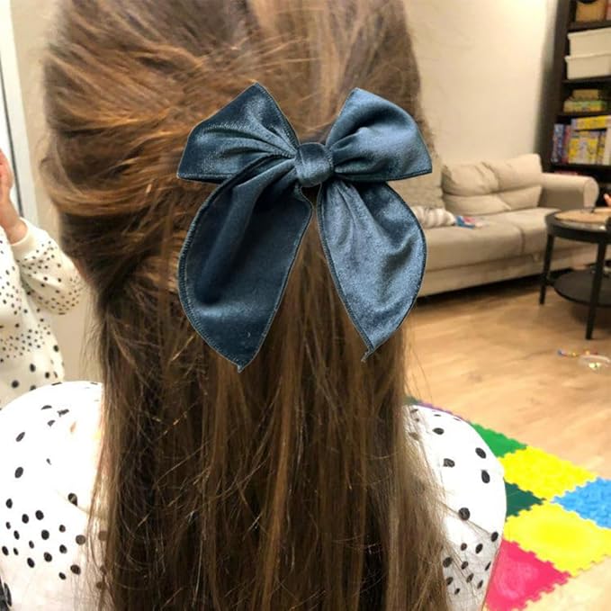 Pack of 4 Large Velvet Fable Bow Hair Clips for Kids Toddler Girl Mom Velvet Hair Bow Alligator Clips Baby Girls Women Hair Accessories (Purple/Smoke Blue)