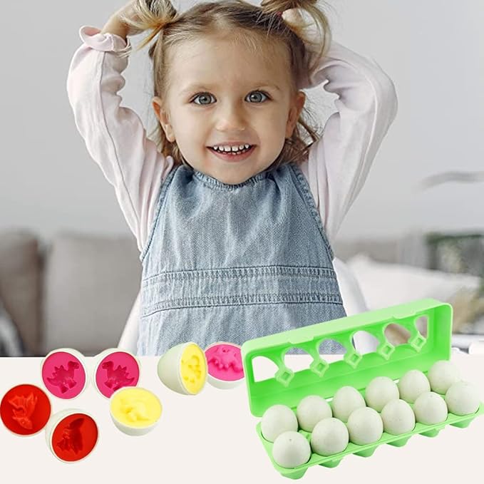 Dimple 12 Dinosaur Egg Matching Toy Play Eggs Easter w/ Holder - Toys for Toddlers STEM Colors & Shapes Recognition Kids Educational Color Sorting Eggs, Multicolored