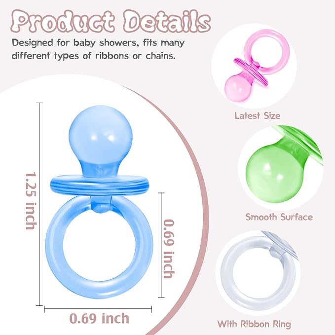 50 Pcs Mini Pacifiers Baby Shower Games Boy Girl, 1.25'' Cute Baby Shower Pacifiers, Bulk Acrylic Pacifier for Party Table Scatter, Pacifier Hunt Game, Gender Reveal Decoration Party Favors(5 Color)