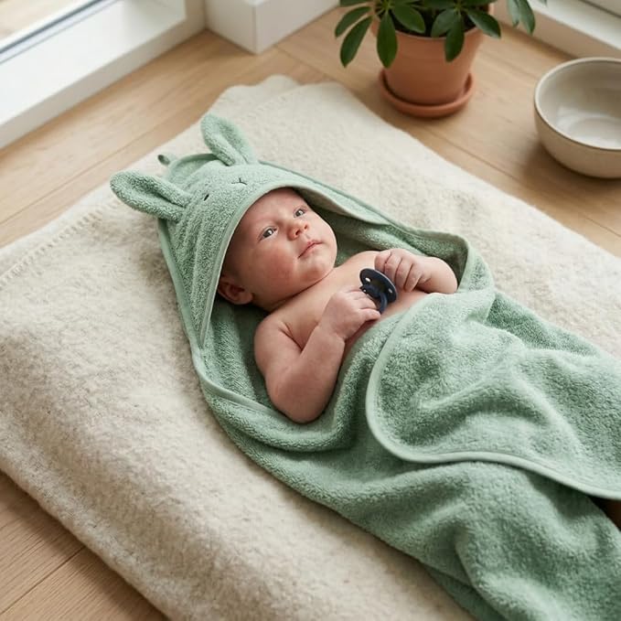 Hooded Baby Towel - 100% Cotton Baby Bath Towels – Baby Towels, Baby Bath Towels for Baby Boy, 32" x 32" Super-Soft and Absorbent Baby Towels for Newborn (Rabbit Roman Green)