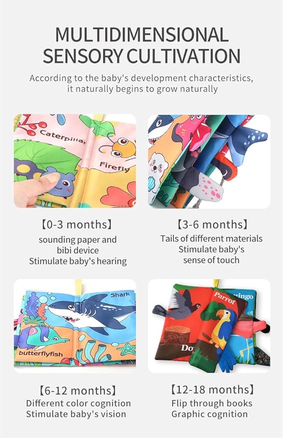Baby Cloth Book Toys with Tails, Stroller Soft Toys for Infant Baby 0-18 Months (Marine Animals)