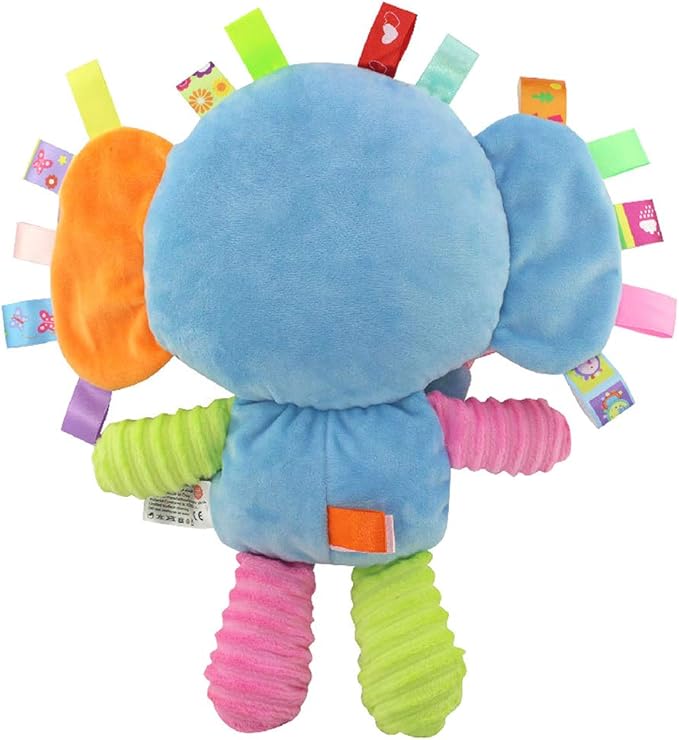 Baby Tags Toy, Taggie Security Blanket Elephant Stuffed Toy, Baby Plush Sensory Tag with Ribbons & Rattle, Toddler, Newborns, Infant