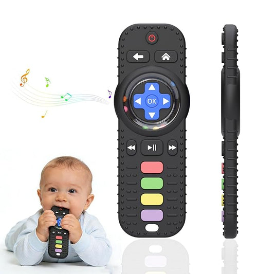 HAILI XMGQ Teething Toys for Baby, Sensory Baby Chew Toy, Rattle Ring Teether Toys for Babies 0-3-6-12 Months, Silicone TV Remote Control Shape for New Baby Gift (Black)